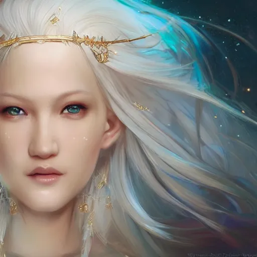 Image similar to A masterpiece portrait of a A albino gorgeous Asian elvish blonde girl with huge Diamond in her forehead. Goddess of North. trending on artstation, digital art, by Stanley Artgerm Lau, WLOP, Rossdraws, James Jean, Andrei Riabovitchev, Marc Simonetti, Yoshitaka Amano