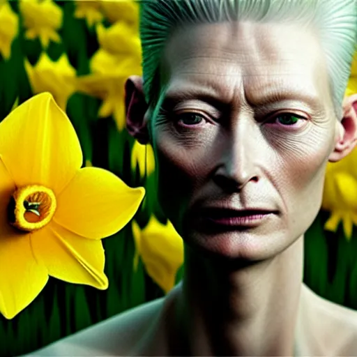 Prompt: medium shot, tilda swinton face fused with daffodil, head covered with leaves, inside the flower, daffodils field, highly detailed, unreal engine, 3 d art, digital art, painting by greg rutkowski