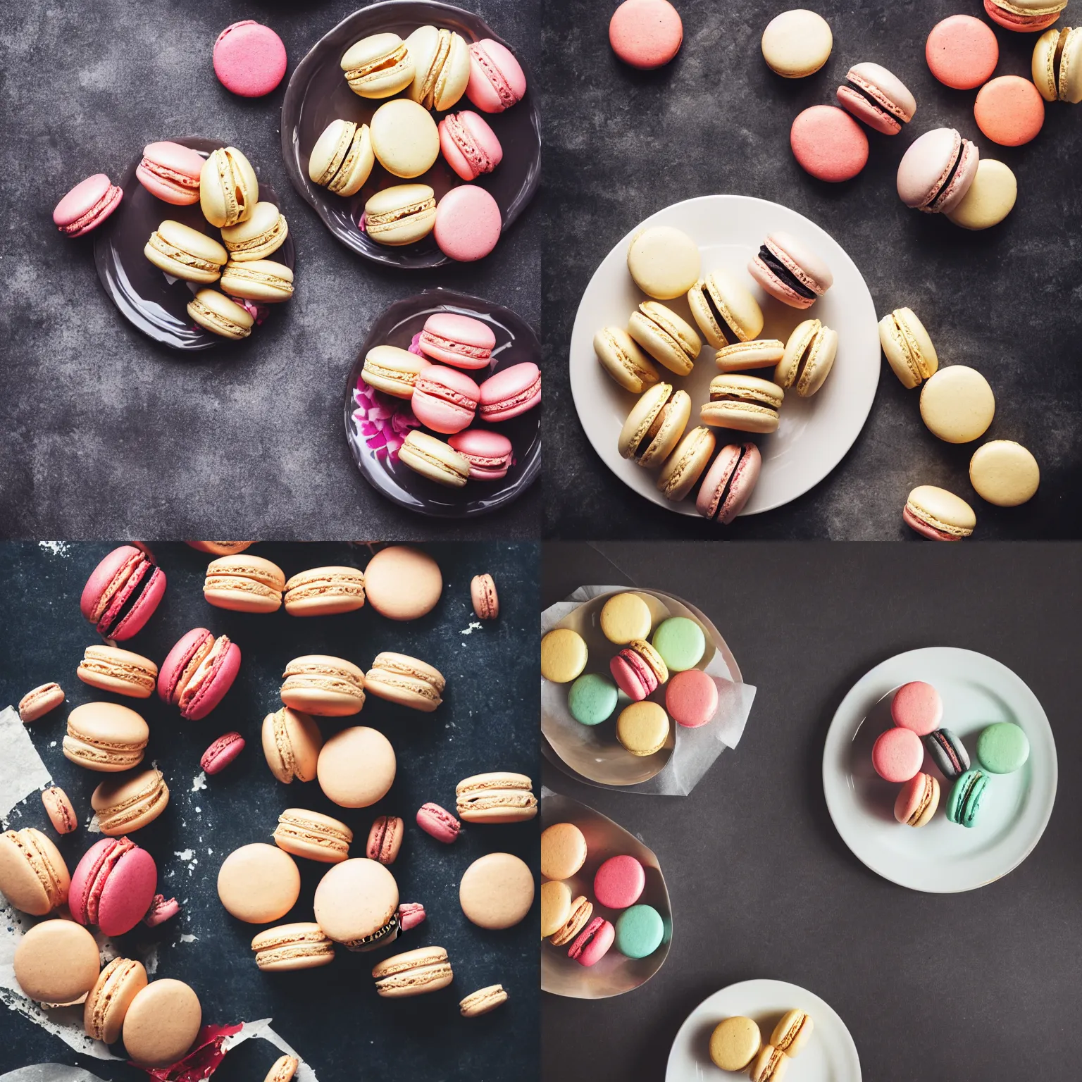 Prompt: A delicious plate of French macarons, food photography, Michelin Star, low angle