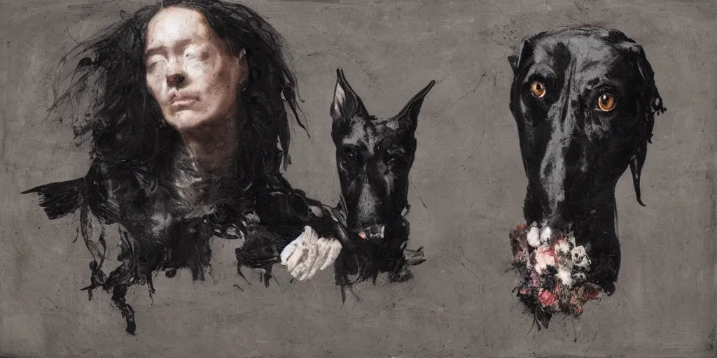 Image similar to a woman sitting with a black greyhound, flowers, dark atmosphere. by nicola samori and jenny saville