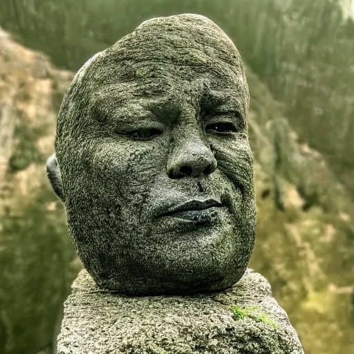 Image similar to a grey mossy rock with the face of dwayne johnson, shot on iphone 1