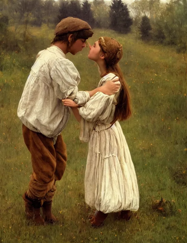 Image similar to peasant boy and girl first kiss, on a village, Cinematic focus, Polaroid photo, vintage, neutral colors, soft lights, foggy, by Steve Hanks, by Serov Valentin, by lisa yuskavage, by Andrei Tarkovsky 8k render, detailed, oil on canvas