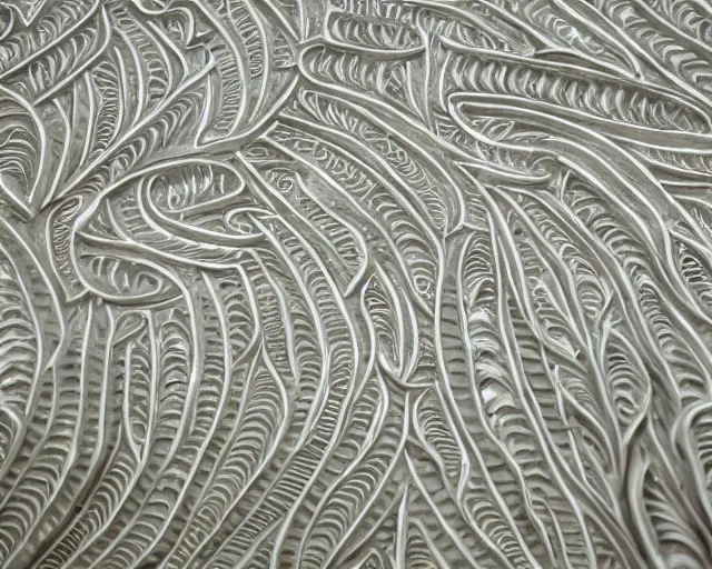 Image similar to wall craving filigree carved out of ivory about fishes fins scales, intricate insanely detailed, backlit subsurface scattering