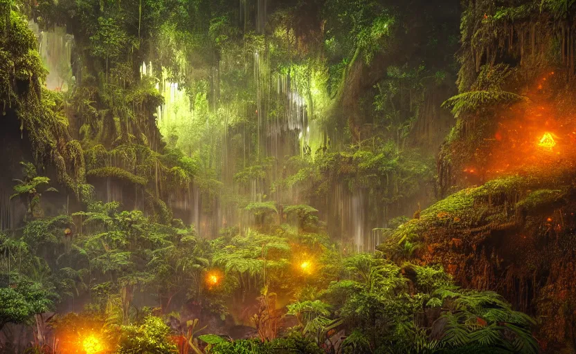 Image similar to a beautiful render of a dark prehistoric rainforest in a humongous cave, lush flora, patches of yellowish - red - magenta sky, sunset lighting, fireflies, floating mountains and a waterfall in the background, intricate detail, hazy, humid, volumetric lighting, god rays, 8 k, photorealistic, raytracing effects, unreal engine 5