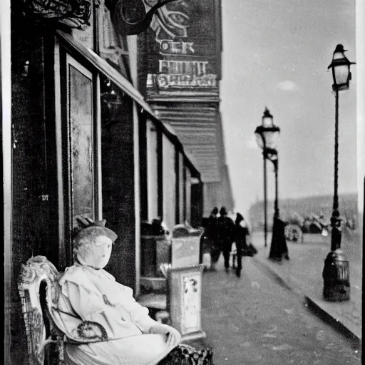 Image similar to An edwardian woman sitting outside a cafe in paris at night, the moon is in the sky, the eiffel tower is visible in the background