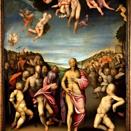 Image similar to alien walking between people, Renaissance painting style