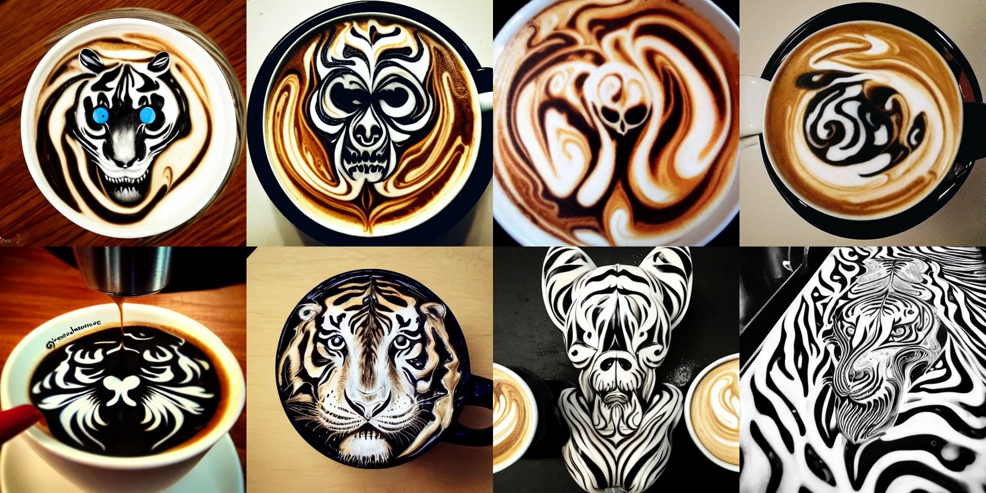 Prompt: beautiful creative latte art, by barista, eaction diffusion, water, abstract, liquid, swirly, black and white tiger head, skull, by james jean