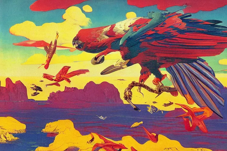 Image similar to colourful bird of prey flying over a tropical island, fluid, smooth, bright, colours, high contrast, sharpness, very detailed, intricate, by dali, magritte, edvard munch, da vinci, donato giancola, richard corben, zdzisław beksinski, moebius, francis bacon, studio ghibli, mucha and studio disney