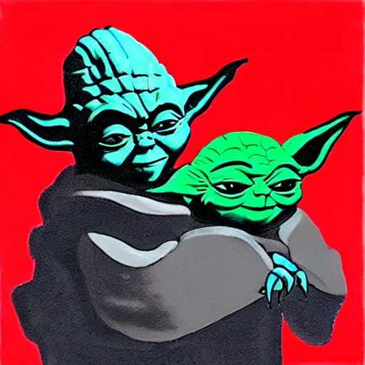 Image similar to evil yoda, red power, dark background, artwork by john hoyland and cory loftis