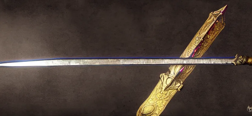 Image similar to legendary sword of cybernetic technology lying flat on a glowing table with a long sharp black and iridescent sword blade, digital award winning hd matte painting, intimate dark moody, intricate, ornate spikes, colorful hilt, detailed realistic, raytraced blade, colored gems, golden pommel, in the style of greg rutkowski and krenz cushart, deviantart