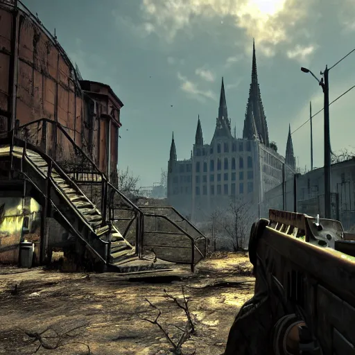 Image similar to fallout 5 set in budapest, game screenshot, 4 k, high detail