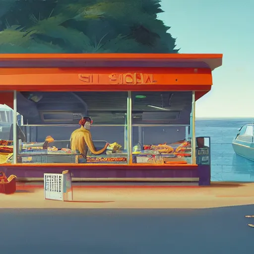 Image similar to fast food counter by the beach by simon stalenhag