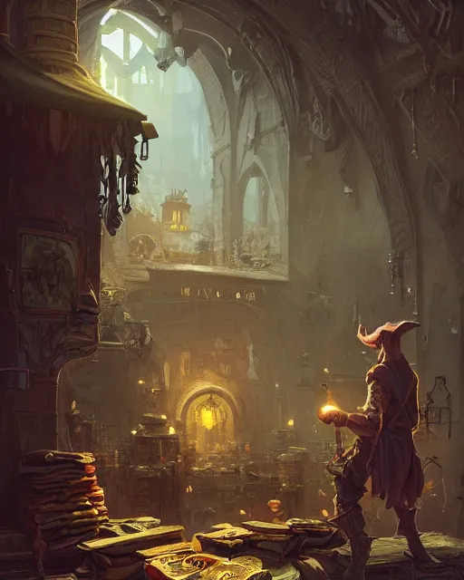 Image similar to A merchant selling treasuries, highly detailed store, fantasy art, goblin art, in the style of greg rutkowski, illustration, epic, fantasy, intricate, hyper detailed, artstation, concept art, smooth, sharp focus, ray tracing