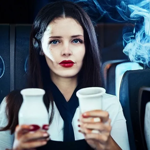 Prompt: a beautiful dark - haired girl causes chaos by smoking on the plane britishairways photo