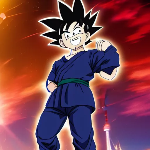 Prompt: highly detailed photo of goku wearing black tuxedo standing in front of statue of liberty, anime concept art, symmetrical face, smiling, clear nose, golden hair highly detailed, 8 k