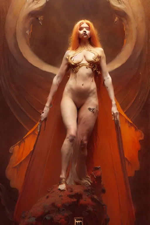 Image similar to a full body portrait of a demon girl wearing gown, high detail, cleary see face, by gaston bussiere, bayard wu, greg rutkowski, odd nerdrum, maxim verehin, dan dos santos, masterpiece, sharp focus, cinematic lightning