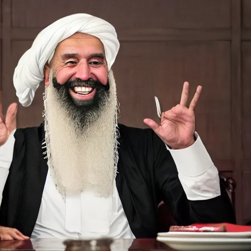 Image similar to 4 k hdr portrait wide angle photo of president joe biden as a taliban muslim leader with a beard laughing at a dinner table meeting surrounded by taliban terrorist leaders