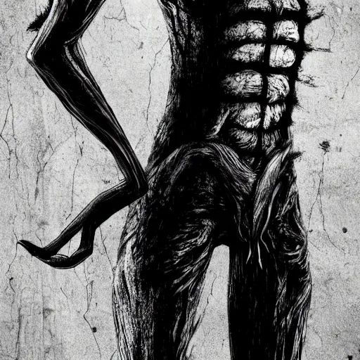 Prompt: skinny and slender monster, long arms and legs, visible veins, dark face, black & white, horror, creepy, resident evil, silent hill