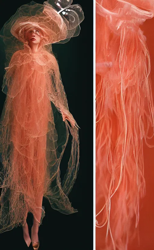 Image similar to Fashion photography of a woman wearing a Gucci dress inspired by a jellyfish, artistic photography, insanely detailed, chiaroscuro, cinestill 800t, Vogue magazine