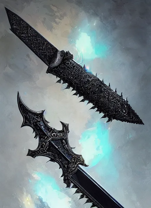 Image similar to legendary sword of technology, intricate black and iridescent blade, ornate gothic baroque spikes, glowing handle, detailed realistic, ray tracing, colored gems, art by greg rutkowski