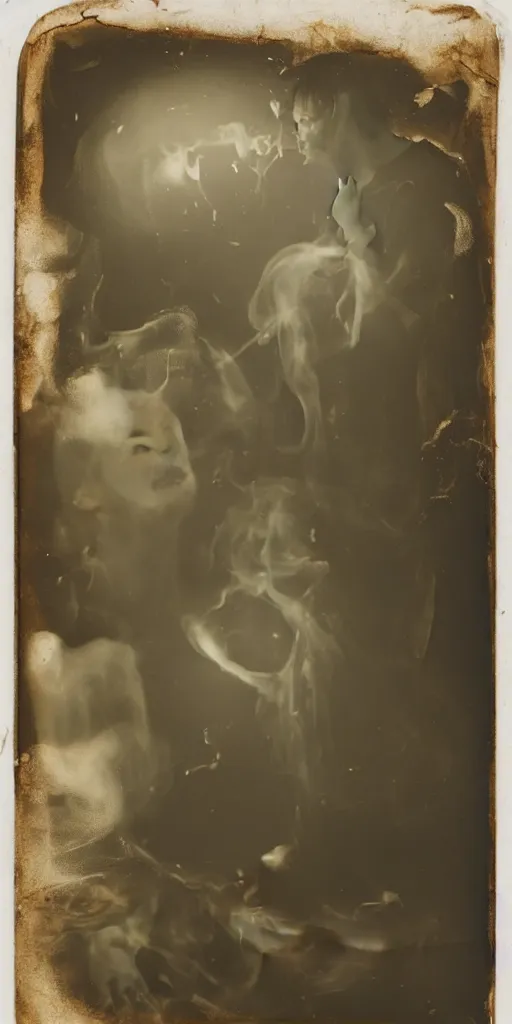 Prompt: spirit photography with glowing bulbous ectoplasm, scary reed people, sleep paralysis demon, 1 9 0 0 s, slimer, mourning family, invoke fear and dread, old photograph, daguerreotype, face of elon musk in the center