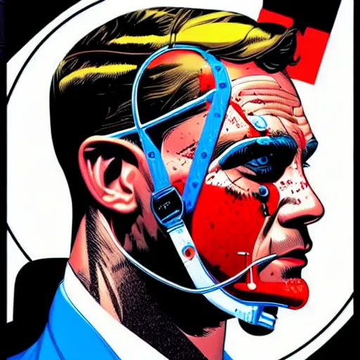 Image similar to a profile photo of an james bond side profile with a diving oxygen mask with side profile blood in ocean intricate details by MARVEL comics and Sandra Chevrier-C