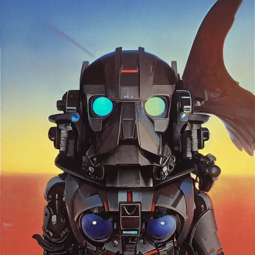 Prompt: dark gunpla droid kenku. neon goggle. anthropomorphic black bird beak. torso. raven beak helmet. predator. science fiction, portrait by donato giancola and greg rutkowski and wayne barlow. oil on canvas. 1 9 7 8 cover. top all time r / imaginarycyberpunk.