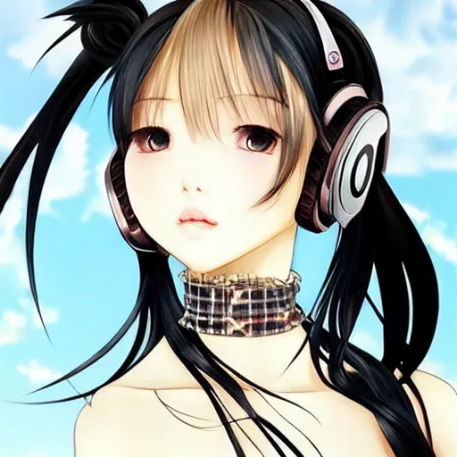 Image similar to realistic beautiful gorgeous natural cute Blackpink Lalisa Manoban black hair fur black cat ears, wearing white camisole summer outfit, headphones, black leather choker, tonemapping artwork drawn full HD 4K highest quality in artstyle by professional artists WLOP, Ayami Kojima, Aztodio, Alphonse Mucha, Taejune Kim, Guweiz on Pixiv Instagram Artstation