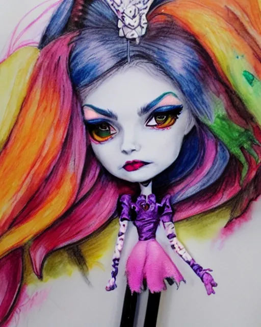 Prompt: colorful pencil portrait of monster high draculaura doll, by sabrina eras, alice x. zhang, agnes - cecile, blanca alvarez, very detailed, watercolor