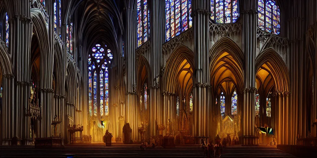 Prompt: inside a beautiful gothic cathedral, huge stained glass windows, god rays, serenioty, divinity, digital art, landscape, fantasy art, octane render, ureal engine, high detail, very realistic, by greg rutkowski. by james gurney