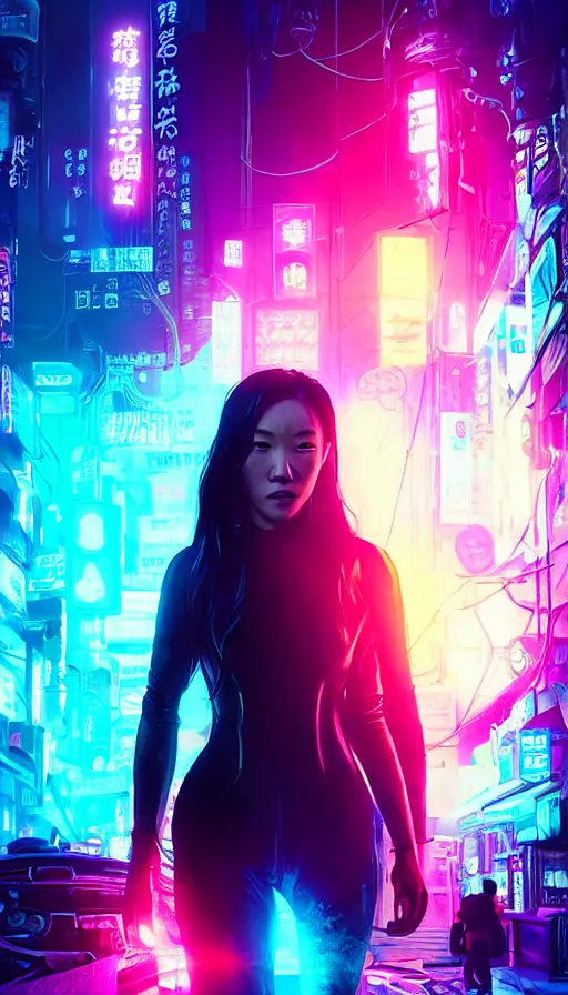 Image similar to dianne doan, girl, altered carbon, highly detailed surreal neon big in japan vfx portrait of a android, stephen bliss, unreal engine, greg rutkowski, loish, rhads, beeple, makoto shinkai and lois van baarle, ilya kuvshinov, rossdraws, tom bagshaw, global illumination, detailed and intricate environment