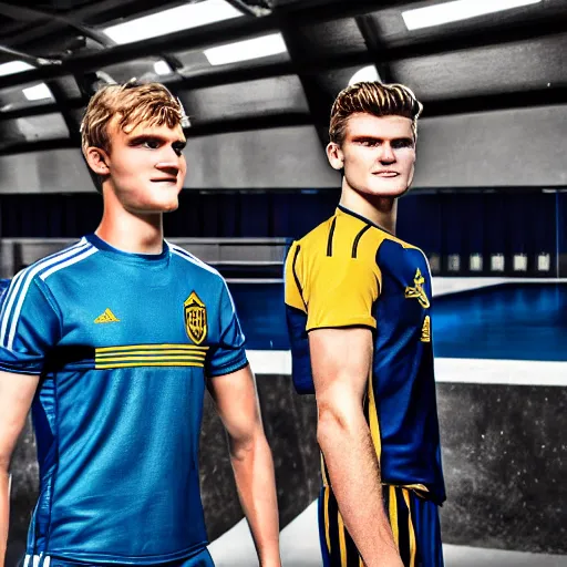 Prompt: a realistic detailed photo of a guy who is an attractive humanoid who is half robot and half humanoid, who is a male android, soccer players martin ødegaard & timo werner, shiny skin, posing like a statue, blank stare, in a factory, on display, showing off his muscles, gold soccer shorts, side view, looking at each other mindlessly