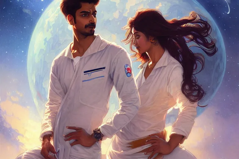 Image similar to Sensual good looking pale young Indian doctors wearing jeans in a space station above Earth, portrait, elegant, intricate, digital painting, artstation, concept art, smooth, sharp focus, illustration, art by artgerm and greg rutkowski and alphonse mucha