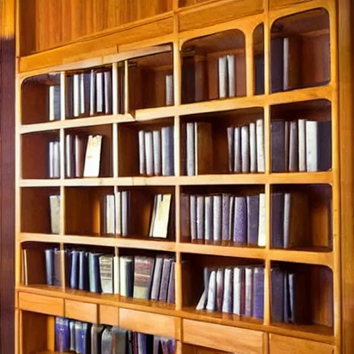 Prompt: photo of bookshelf designed by frank lloyd wright