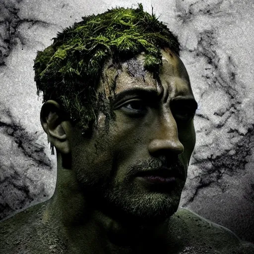 Prompt: Award-winning photograph by Mar Mann. The photo depicts a decaying roman bust of Dwayne Johnson overgrown with moss at the bottom of the sea in the middle of ruins of civilization. Minimalism, high definition, perfect composition. Deep sea picture. Very dark. Volumetric Lighting. Fish. Darkness. Ruins