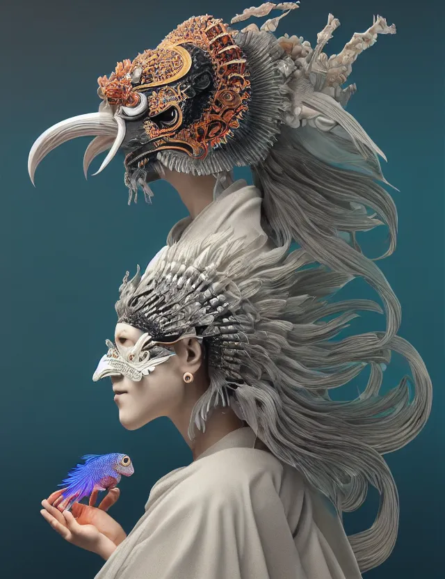 Image similar to 3 d goddess in robe close - up profile portrait with ram skull. beautiful intricately detailed japanese crow kitsune mask and clasical japanese kimono. betta fish, jellyfish phoenix, bio luminescent, plasma, ice, water, wind, creature, artwork by tooth wu and wlop and beeple and greg rutkowski