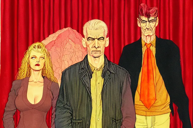 Image similar to a hyperrealist watercolour character concept art portrait of twin peaks. red curtain. on well lit night in the las vegas. there is a motorcycle. a ufo is in the background. by rebecca guay, michael kaluta, charles vess and jean moebius giraud