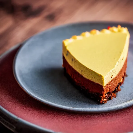 Prompt: Food photography of “piece of chili pepper and cucumber cheesecake”, 85mm f1.2, extremely detailed