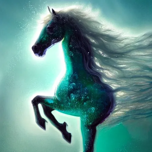 Image similar to a fantastical transparent small turquoise spirit horse made of water and foam and algae and ice, splashing water, wave, translucent, ethereal, noble, radiant, hyperalism, scottish folklore, digital painting, artstation, concept art, smooth, 8 k frostbite 3 engine, ultra detailed, art by artgerm and greg rutkowski and magali villeneuve