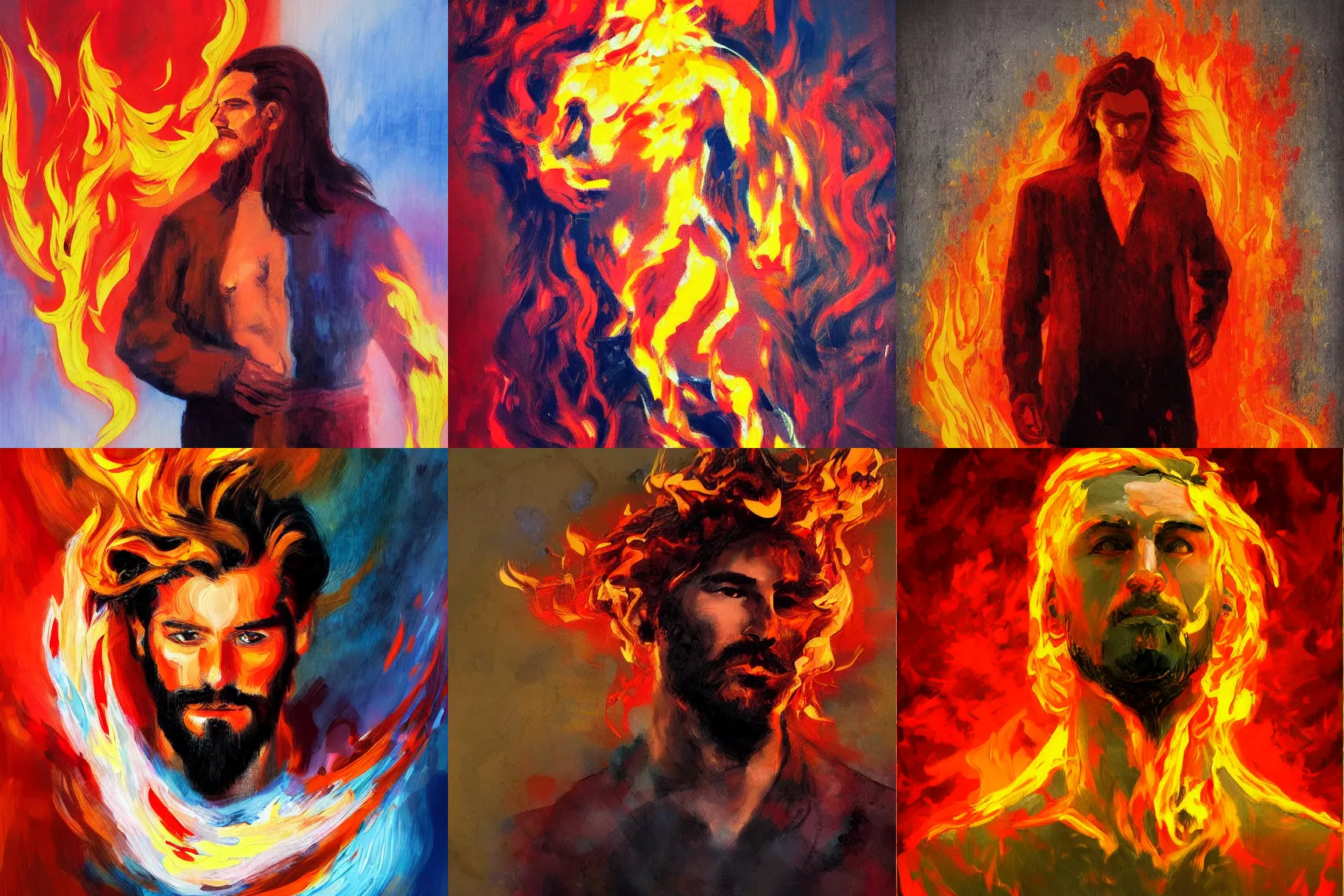 Prompt: abstract painting of man on fire. Handsome. Long hair. portrait. ArtStation. Impressionist. Soviet era pose