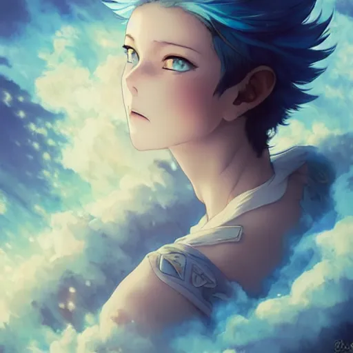 Image similar to a girl with short blue hair and blue eyes is sitting on a cloud, anime style, light effect, anime style hyper detailed, illustration, bloody, intricate, elegant, digital painting, artstation, smooth, sharp focus, art by artgerm and greg rutkowski and alphonse mucha.