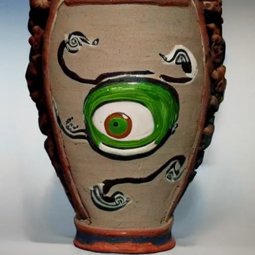 Image similar to vase work, Ancient vase art of mike wazowski in art style of chinese art, fragmented clay firing chinese vase with an mike wazowski in the style of ancient chinese art, ancient chinese art!!!!! chinese art