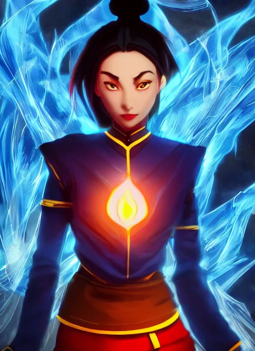 Image similar to azula from avatar the last airbender posing, blue flames, firebending, dark atmosphere, cinematic shot, intricate, ornate, photorealistic, ultra detailed, realistic, 1 0 0 mm, photography, octane, high definition, depth of field, realism, 8 k, artstation