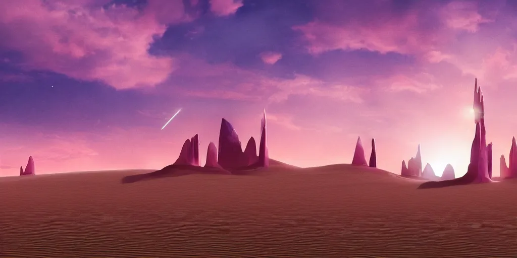 Image similar to artistic rendering of a cinematic shot of a scifi fantasy desertscape, beautiful pink sky, blue geometric tower with spires, processing the soul of an ancient alien