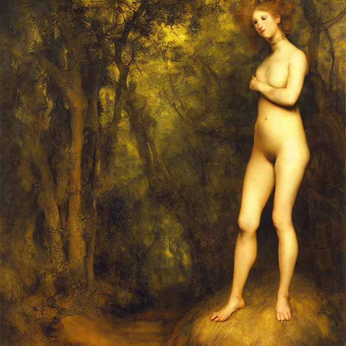 Prompt: a golden sculpture of girl body with stunning blue dress in a dark jungle landscape, oil painting by rembrandt