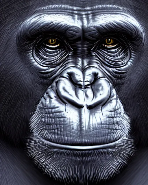 Prompt: gold, blue, very detailed high resolution illustration of a chimpanzee glaring, mystical, 3 d, 8 k, extremely detailed, artstation
