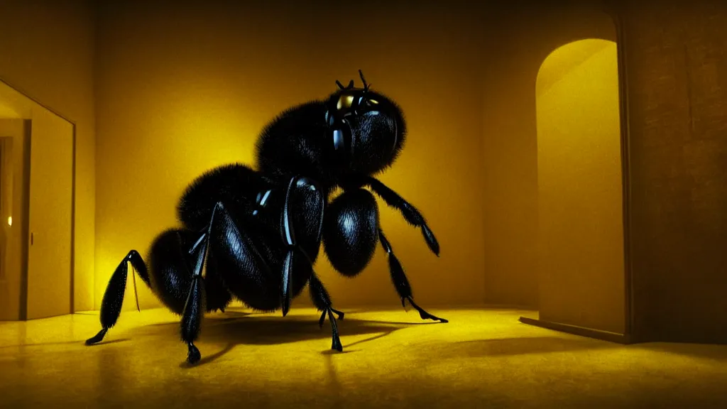 Image similar to the giant bumblebee in the living room, made of glowing wax, film still from the movie directed by denis villeneuve with art direction by zdzisław beksinski, wide lens