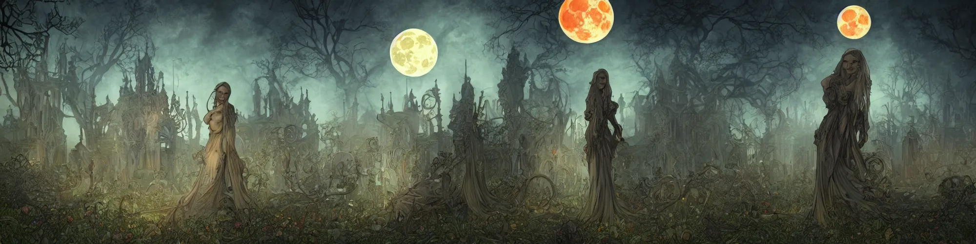 Image similar to an ultra detailed animation of a glowing apparition in a graveyard at midnight on halloween, tattoo on shohulder, digital art, dark fantasy, concept art, soulslike, by alphonse mucha, blood moon eclipse, ruined building in the background, artstation, 8 k, unreal engine render