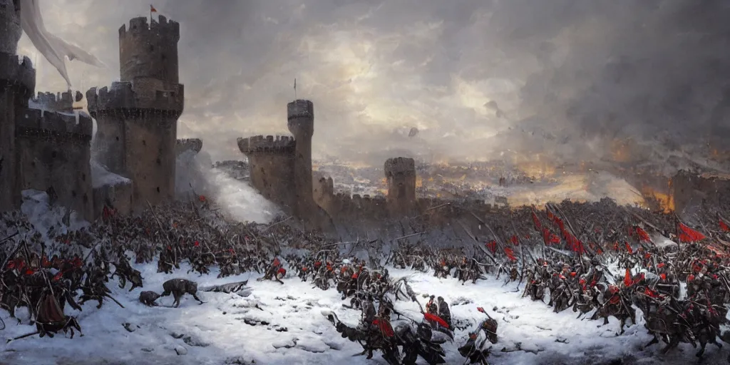 Prompt: Siege of a medieval castle in winter while two great armies face each other fighting below with banners and flags, catapults throw stones at the castle destroying its stone walls, heavy snow storm, fantasy, medieval, fire, explosions and grey smoke here and there, highly detailed, Artstation, oil on canvas painting by greg rutkowski and Raoul Vitale-H 832