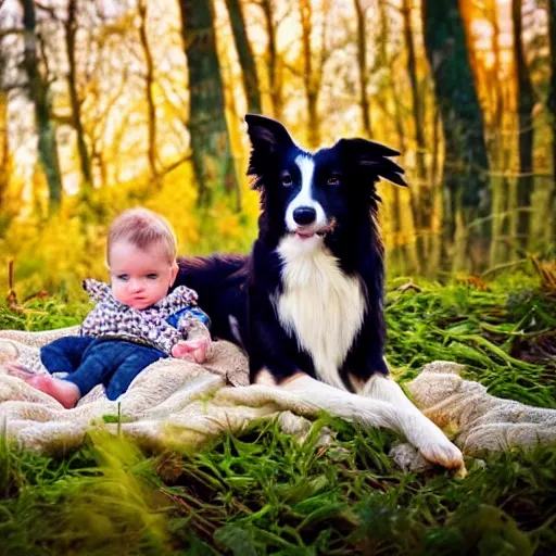 Image similar to a border collie protecting both a human baby and a fledgling who are both in a nest in a forest, beautiful, golden hour, impressionist